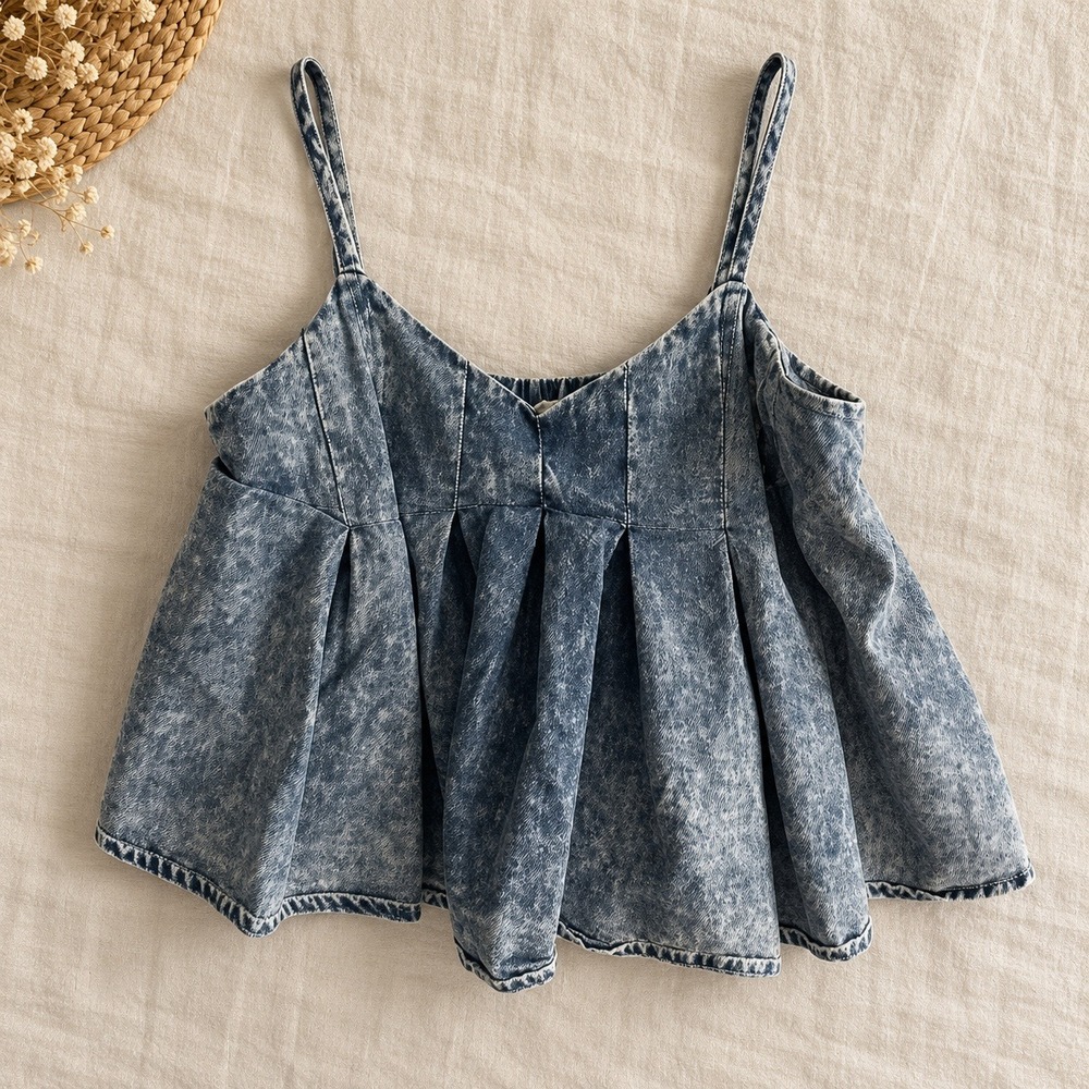 Altar'd State Acid Wash Denim Babydoll Cami Top Blue Pleated Crop XS